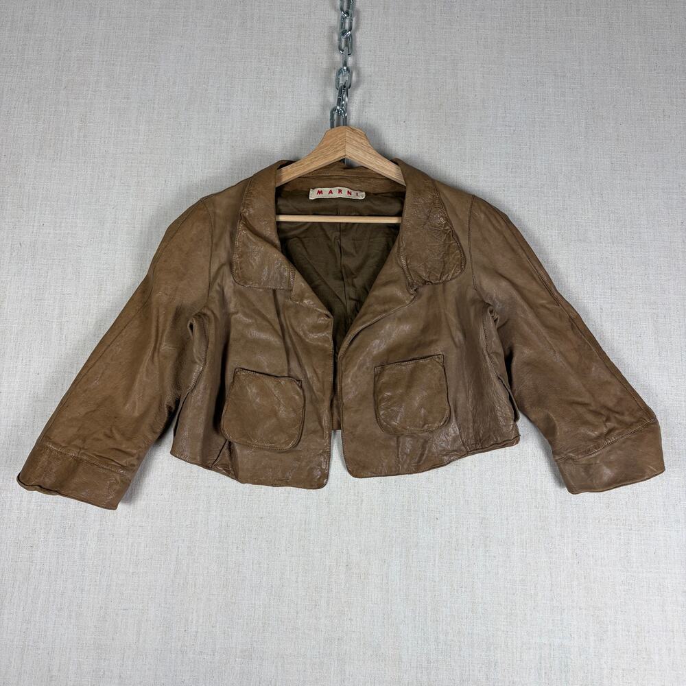 Marni Cropped Lambskin Leather Brown Jacket Womens Sz 40 Made in Italy